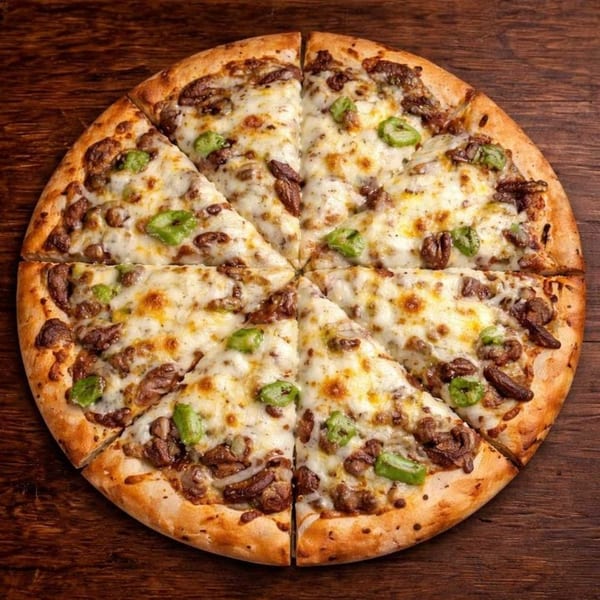 A sliced B Antonio's Pizza with melted cheese, mushrooms, and green peppers on a wooden table.